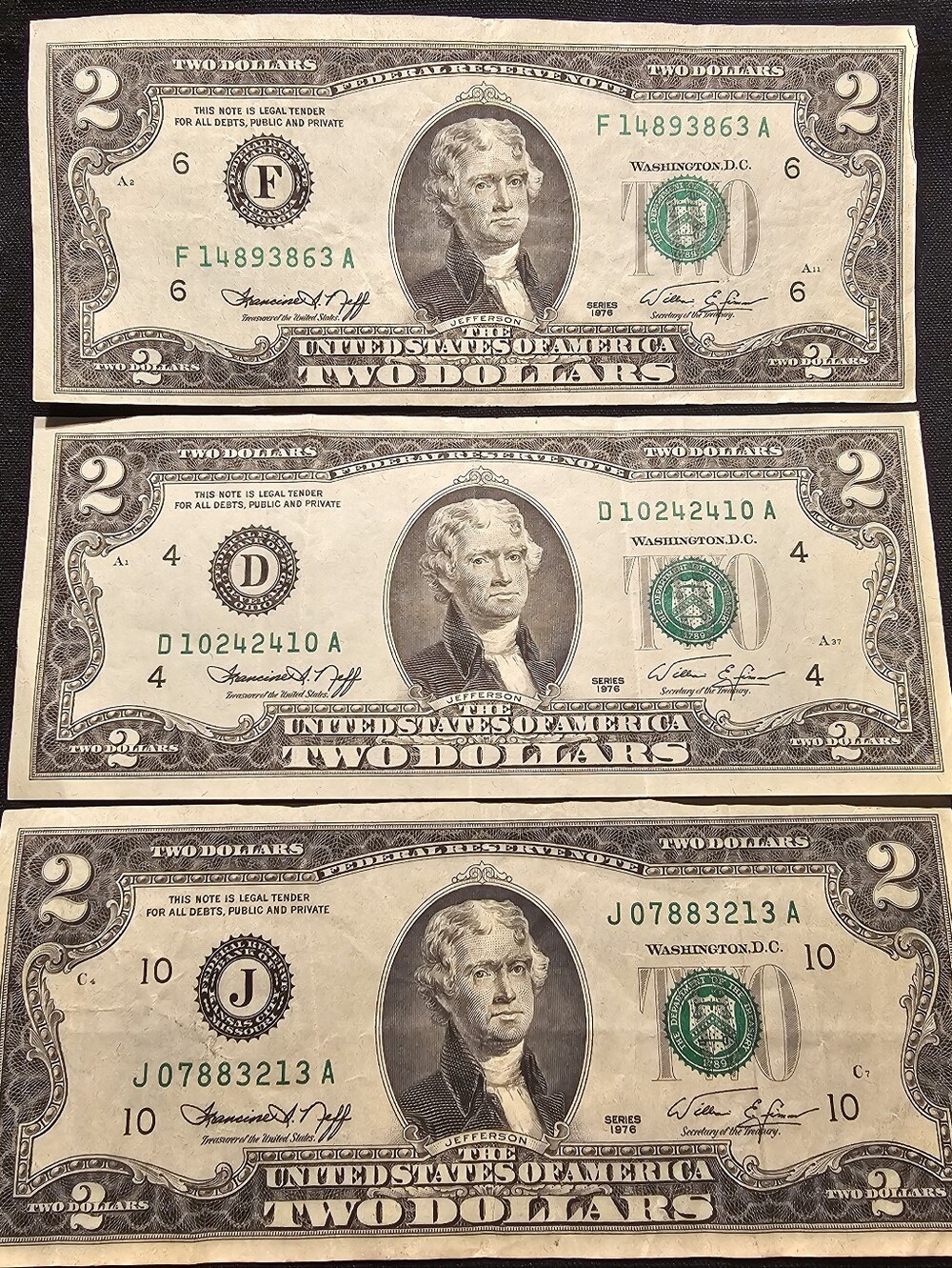(3) 1976 Two Dollar Federal Reserve Notes